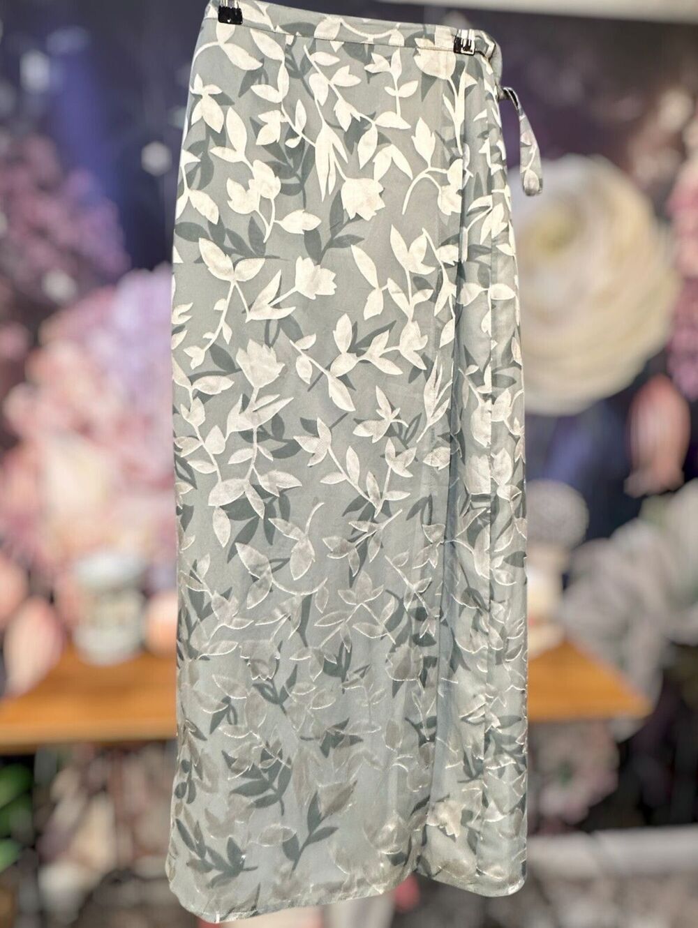 EPOGEE M True Wrap Maxi Skirt Sage Leaf Floral Burnout Romantic Cottagecore